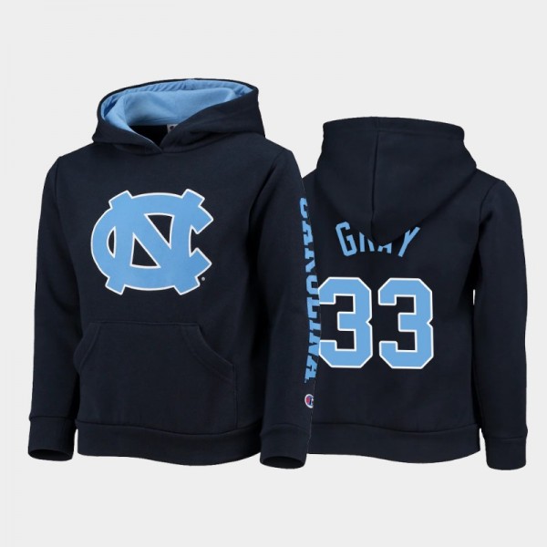 Youth UNC Tar Heels College Football #33 Cedric Gray Field Day 2-Hit Pullover Navy Hoodie