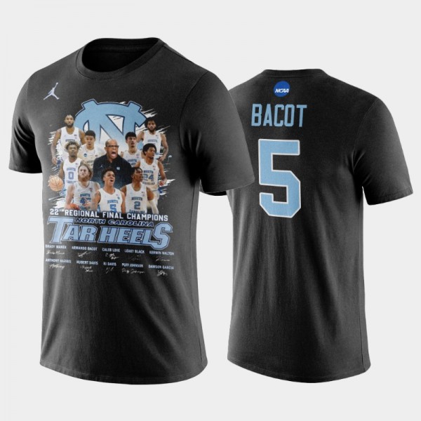 UNC Tar Heels College Basketball #5 Armando Bacot Black 2022 Regional Final Champions Roster T-Shirt