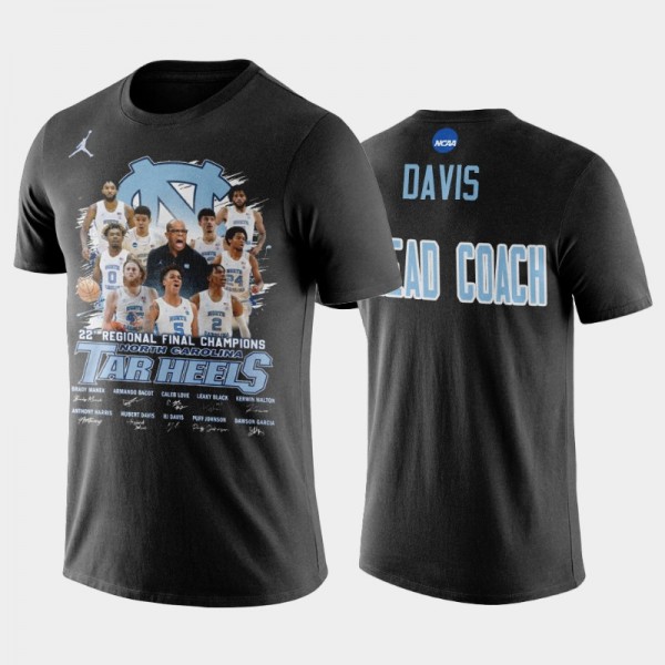 UNC Tar Heels College Basketball Head Coach Hubert Davis 2022 Regional Final Champions Black T-Shirt