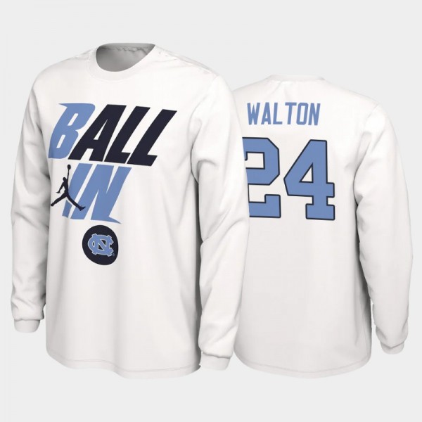 North Carolina Tar Heels College Basketball Kerwin Walton #24 White Ball In Bench Long Sleeve T-Shirt