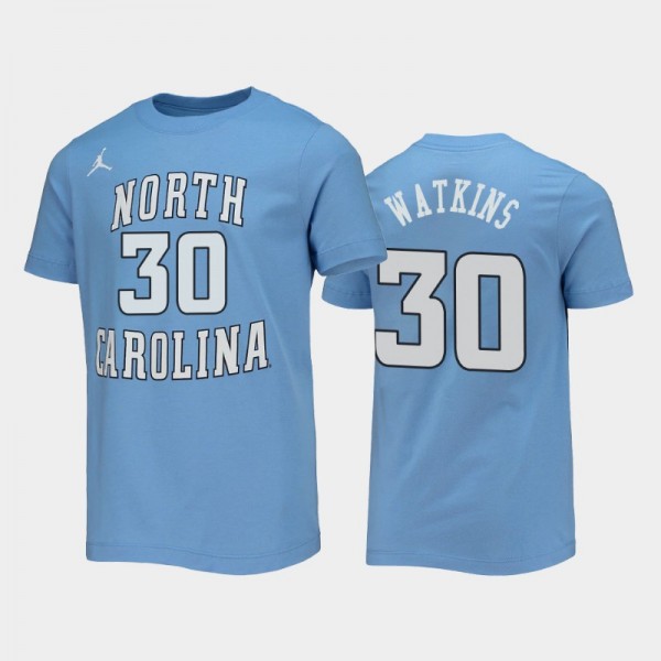 Youth North Carolina Tar Heels Jackson Watkins #30 Name Number Blue T-Shirt